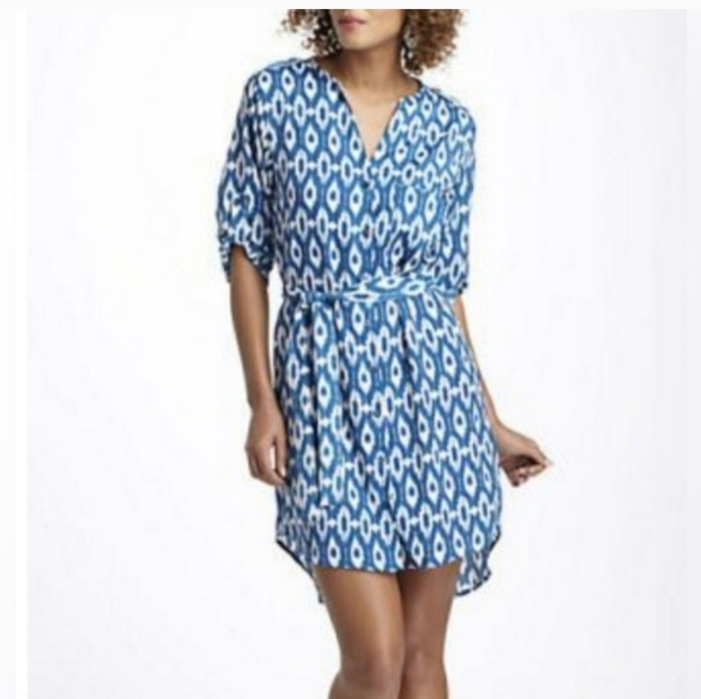 Maeve blue ikat belted roll tab shirt dress size M
